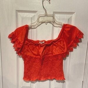Red Smocked Crop Top with Ruffle Sleeves